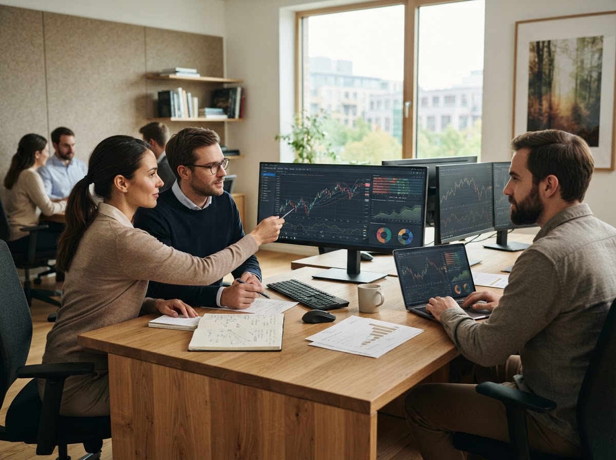Drei Personen analysieren Finanzdiagramme auf mehreren Bildschirmen im Büro