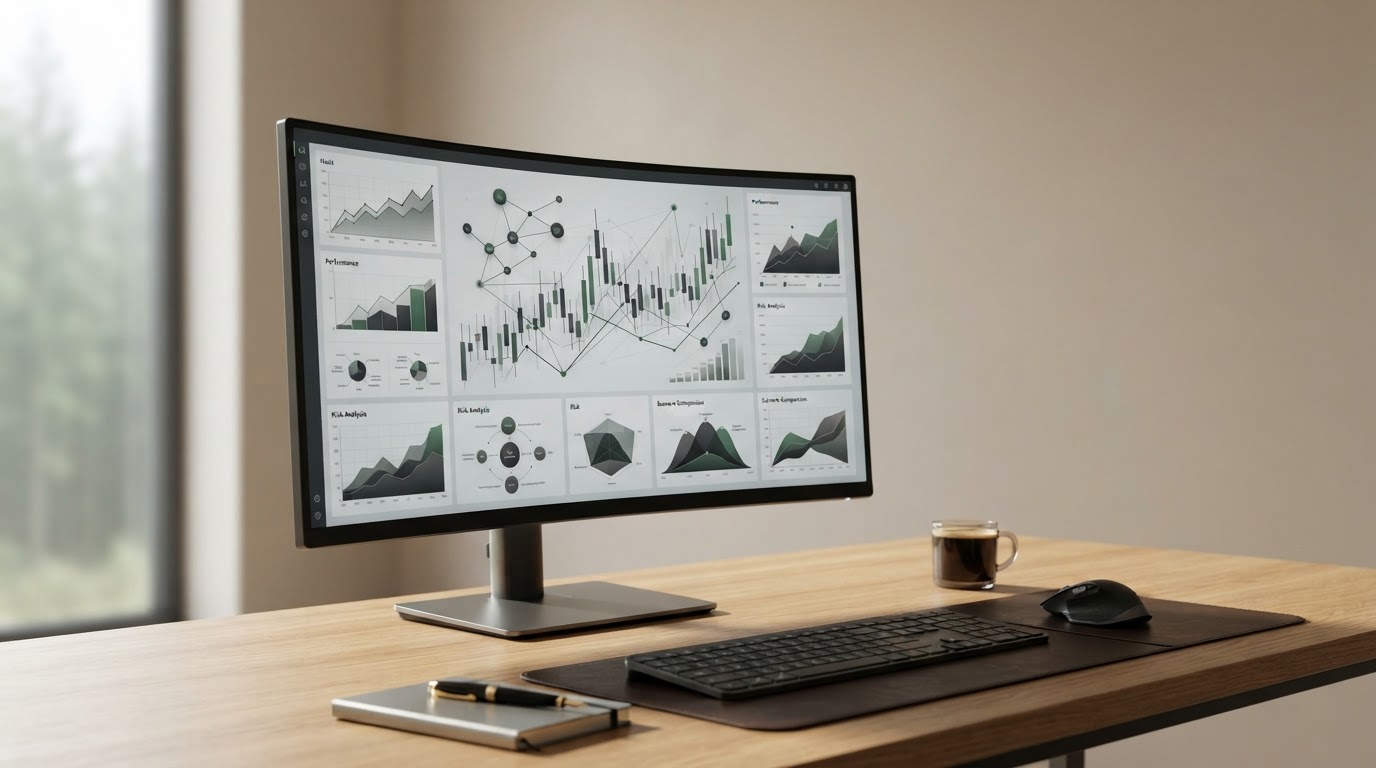 Ein breiter Monitor mit verschiedenen Finanzdiagrammen auf einem Schreibtisch